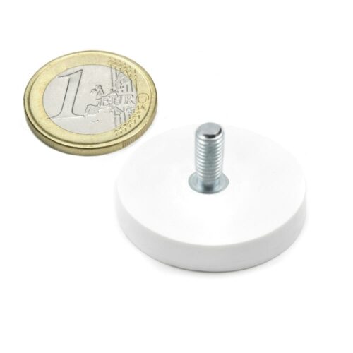 Magneetsysteem rubbercoating en draadeind | Diameter 31mm | Houdkracht 8kg WIT naast een euromunt