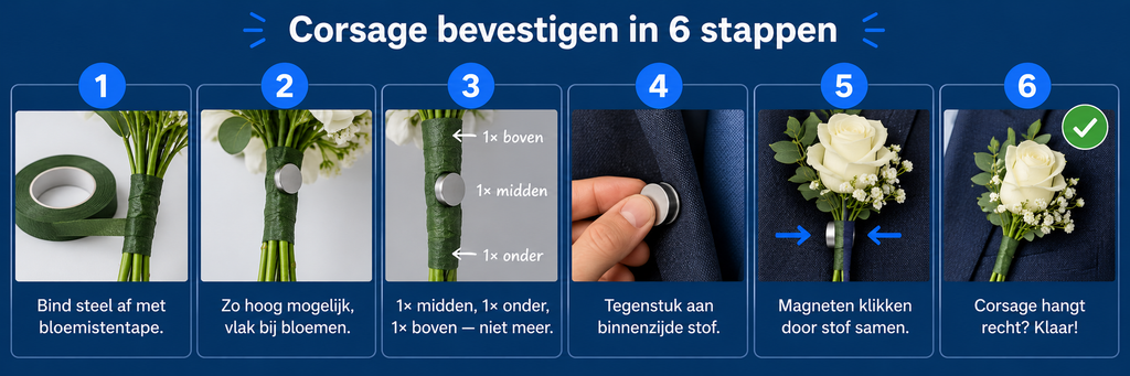 Corsagemagneten: hoe bevestig je een corsage zonder speld? 2 Corsage bevestigen in 6 stappen